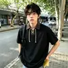 Camisa Polo Masculina Retro Americana com Amarração Manga Curta 2026 Verão Tendência Patchwork Retro Meia-Manga ins