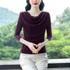 Camisa base de malla elástica, versátil, de manga larga, con cuello fruncido, a la moda, casual, para primavera, otoño e invierno, que estiliza y realza la figura