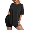 Camiseta holgada con abertura lateral y cuello redondo de algodón de color sólido con explosiones de estación independiente para mujer de verano transfronterizo de Europa y Estados Unidos 2024