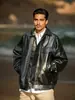 Chaqueta de PU para Hombre Tallas Grandes Otoño Nueva Chaqueta Americana de Motociclista Holgada Tendencia con Solapas Casual Versátil Estilo Callejero