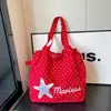Bolsa de Lona com Cordão Estilo Coreano de Bolinhas Doces para Mulheres, Bolsa de Ombro Grande Capacidade para o Dia a Dia, Bolsa Tote Estilo Preguiçoso para Estudantes