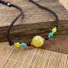 Collar Colgante Redondo de Cera de Abeja Amarilla con Aceite de Pollo Estilo Étnico para Hombres y Mujeres, Cadena de Suéter Tejida a Mano de Ámbar