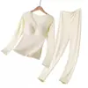 Roupa Térmica Feminina com Bojo no Peito Outono e Inverno 2025 Veludo Alemão Aquecimento Camisa Básica Sem Costura Forrada com Fleece Conjunto de Roupas de Outono e Calça Longa
