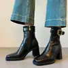 Botines de Piel Suave de Tacón Alto con Suela Gruesa para Mujer 2026 Otoño/Invierno Nuevos Botas Adelgazantes Puntera Cuadrada Retro Tacón Grueso Botas de Moda