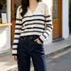 Suéter Cardigan de Tricô Gola V de Botão Único Outono Inverno para Mulheres, Blusa Jaqueta Curta Listrada Solta de Manga Longa para Mulheres