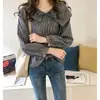 Camisa de Rayas para Mujer Estilo Coreano Nuevo Cuello de Muñeca Talla Grande Camisa Holgada Chic para Mujer Estilo Hong Kong Manga Larga