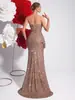 Estilo Nuevo Europeo y Americano Vestido de Noche con Tirantes de Lentejuelas Color Champaña Corte Ajustado Abertura Anfitrión de Banquete Fiesta Anual Vestido de Sirena de Lujo Ligero