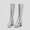 Botas de couro envernizado over-the-knee transfronteiriças para mulheres, estilo europeu e americano, salto grosso, botas de cano alto, plataforma, salto super alto, botas justas, botas plus size