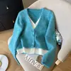 Cárdigan de punto azul de dos piezas falsas con cuello en V para mujer, diseño elegante, manga larga, suéter, capa base, cárdigan exquisito para llevar encima