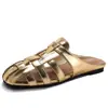 Mules Douradas Estilo Francês para Mulheres, Novas Sandálias Romanas Versáteis Planas Vazadas Fechadas Slip-On Y229-2