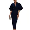 Vestido Midi Bodycon Elegante de Gola V com Manga Flare Slim Fit para Roupas Femininas Transfronteiriças Europeias e Americanas 2026