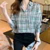 Fotos Reales de Ropa Femenina de Comercio Exterior: Elegante Ropa Nueva de Mujer para Primavera y Otoño, Camisa de Gasa a Cuadros con Cuello, Cárdigan, Camiseta Básica para Mujer