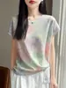Verão Feminino Bambu Linho Estampado Manga Curta Design Irregular Plissado Solto Respirável Emagrecimento Artístico Top Feminino Tendência