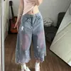 Shorts de mezclilla casuales American retro con bordado de gato de dibujos animados para mujer, talla grande, lavado desgastado, pierna ancha suelta, cropped