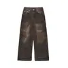 Jeans Sucios Estilo Waste Earth para Hombre Diseño Trendy de Calle Frita Pantalones de Pierna Ancha Sueltos Plisados oversize