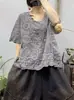 Blusa de Algodão Bordada Estilo Preguiçoso Verão Novo Gola Redonda Pulôver Manga Média Fina Camisa Base Retrô Top
