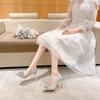 Otoño e invierno 2023 Zapatos de novia nuevos para mujer Zapatos de una sola capa Tacón de aguja Puntiagudos Cristales franceses Plata de dama de honor Tacones altos