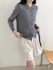 Camisa básica de malha fina 100% lã com gola para mulheres, lavável à máquina, cardigã de malha 100% lã para outono e inverno, top versátil para mulheres