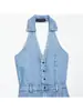 Vestido Mini Moda Europea y Americana Marca Z Venta Caliente Cuello Halter Aliexpress Transfronterizo Tapa Flip Azul Claro Elástico Za