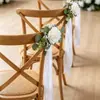 Flor artificial branca de rosa para encosto de cadeira com folhas de eucalipto e fitas longas, flor para decoração de cadeira de casamento, flor para decoração de maçaneta de porta de carro de casamento