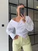 Transfronterizo Principios de Otoño Francés Suave y Romántico Diseño Elegante Hombros Descubiertos Cuello en V Cintura Manga Larga Camisa Top de Gama Alta