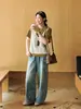 ALINDM roupas femininas plus size, estampa de tinta salpicada, estilo de rua retrô, cintura alta, modelagem que emagrece, calça pantalona, jeans reto de outono para mulheres