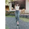 Saia jeans de cintura alta com fenda para mulheres, novo estilo verão 2026 em linha A, adequada para figuras baixinhas com corpo tipo pera, saia longa