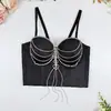 Sutiã de peça única com corrente de strass em formato de coração e franja, europeu e americano, transfronteiriço, adequado para usar com roupas externas, em estilo doce e ousado, com barriga à mostra, alças de ossos de peixe com contas