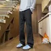 Calça comprida de estilo americano, relaxada, cortada na diagonal, com forro de fleece, levemente flare, design casual, unissex, modelagem solta, perna larga, cleanfit