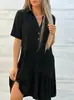 2026 Comercio Exterior Transfronterizo Ropa Europea y Americana para Mujer Amazon Vestido Largo Holgado Color Sólido Cuello Solapa Casual Manga Corta Vestido de Algodón y Lino