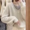 Suéter de tricô casual estilo coreano verde, falso duas peças, gola V, para mulheres, novidade outono e inverno 2026, top de suéter macio e aconchegante 13567