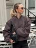 Chaqueta Gris para Mujer, Melard Otoño e Invierno Retro Gamuza Estilo High Street Americano, Cuello Alto, Manga Larga, Chaqueta con Cremallera de Piloto