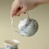 Tetera de Porcelana Azul y Blanca Pintada a Mano con Asa de Lazo Rosa, Exquisita Tetera Hecha a Mano de Cerámica Arita para Juego de Té Gongfu