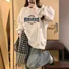 Sudadera Casual con Cuello Redondo y Forro de Felpa Estilo Europeo para Mujer, Otoño e Invierno, Corte Holgado, Estampado de Letras Estilo Chino, Top Grueso Gris, Versátil