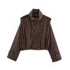 Fábrica de Origen Transfronteriza Gabardina Corta con Cuello Alto para Mujer Estilo Retro Casual Doble Botonadura Hombreras Manga Larga Cordón Elástico Fruncido Chaqueta