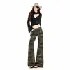 Pantalones vaqueros de mujer transfronterizos 2026, ligeramente acampanados, estilo americano, largos hasta el suelo, casuales, minimalistas, pantalones largos de camuflaje, pantalones largos blancos extendidos de camuflaje