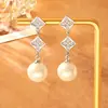 Pendientes de Trébol de Cuatro Hojas con Circonita y Perla Estilo Chanel, Moda de Alta Gama, Pendientes Largos Elegantes y Clásicos, Joyería Estilo Socialité