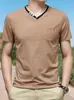 Camiseta Fina de Verano Nueva para Hombre con Bloques de Color y Cuello en V, Talla Grande Estilo Americano con Bolsillos, Manga Corta Deportiva Casual