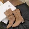Botas Western Cowboy de Bico Fino para Mulheres Outono 2025 Botas Retrô de Cano Médio com Salto Grosso, Botas Ajustadas Franzidas Atacado