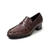 Versión de piel de vaca cuero genuino piel de anguila mocasines plisados para mujer tacón grueso slip-ons estilo británico zapatos de vestir zapatos de cuero pequeños para el campus