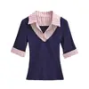 Camiseta de Manga Media con Cuello de Camisa Patchwork Rayado Estilo Americano Chica Picante Otoño Nueva Tendencia Versátil Ajustada Top Básico para Mujer