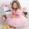 Almacén en el extranjero vestido floral rosa de hombros descubiertos para niños con malla de cuentas para fotografía de fiesta de primer cumpleaños de niñas vestido de princesa