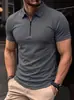 Camisa polo masculina de alta elasticidade com zíper, estilo transfronteiriço, corte justo, gola de lapela, manga curta, seda gelada, secagem rápida, casual, cor sólida, estilo com zíper