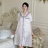 Vestido Camisero Rosa Palo con Borde Creciente Dulce Pijama de Mujer Seda de Hielo Seda Principios de Primavera Cómodo Manga Corta Ropa para el Hogar