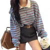 Sudadera fina a rayas con cuello y botones estilo coreano para mujer de Dongdaemun, otoño e invierno, con bloques de color, alta calidad
