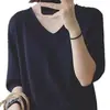 Suéter de Manga Três Quartos com Decote V para Estudantes, Estilo Coreano, Caimento Solto, Camada Base de Verão 2020, Blusa de Tricô de Manga Média, Camiseta Fina para Mulheres