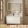 Gabinete de Baño Espacioso Engrosado Combinación Crema Lavabo de Esquina Redondeada Lavabo de Baño Lavamanos Cerámico Integrado