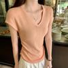 Fotos Reales y Precios Reales # Prendas de Punto de Manga Corta con Cintura Fruncida y Hombro Derecho Descubierto para Mujer Nuevo Popular Verano Ajustado Top Corto Camiseta