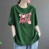 Camiseta rosa de manga corta para mujer, corte holgado, imitación algodón, nuevo estilo verano 2024, talla grande, longitud media, estilo coreano, top casual de cuello redondo