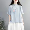 Novo Top de Algodão Artístico Retrô com Fivela para Hora do Chá Feminino Roupas Zen para Chá Manga Curta Estilo Chinês Bordado Camisa Artística